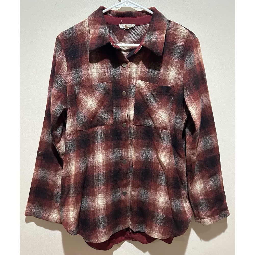 Mystree Women's Button Up Burgundy‎ Plaid Shacket Size Medium
